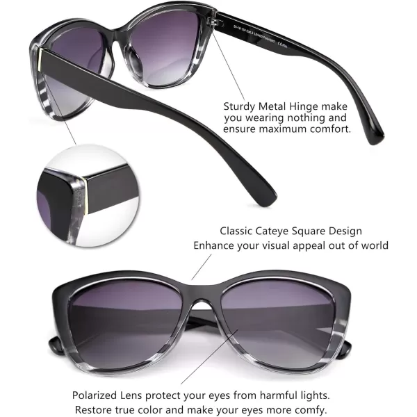 FEISEDY Polarized Vintage Sunglasses American Womens Square Jackie O Cat Eye Sunglasses B2451Black Grey Clear