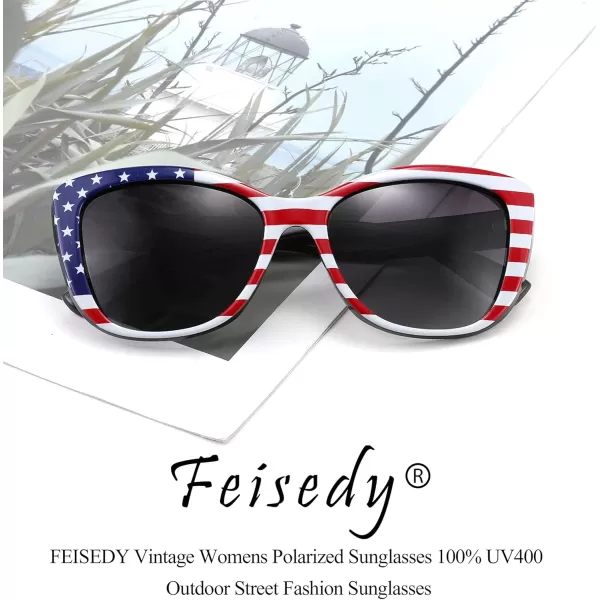 FEISEDY Polarized Vintage Sunglasses American Womens Square Jackie O Cat Eye Sunglasses B2451Usa American Flag