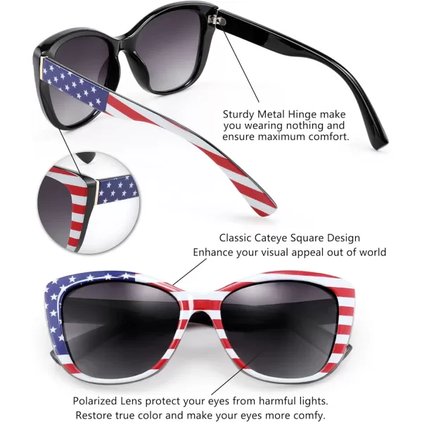 FEISEDY Polarized Vintage Sunglasses American Womens Square Jackie O Cat Eye Sunglasses B2451Usa American Flag