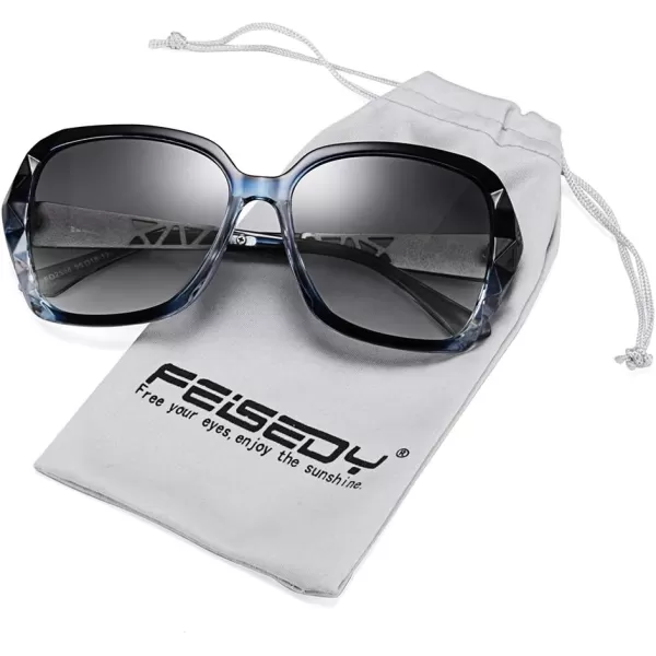 FEISEDY Polarized Women Square Sunglasses Sparkling Composite Shiny Frame B22891 BlueFade Smoke