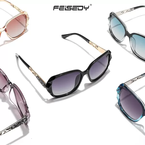FEISEDY Polarized Women Square Sunglasses Sparkling Composite Shiny Frame B22891 BlueFade Smoke
