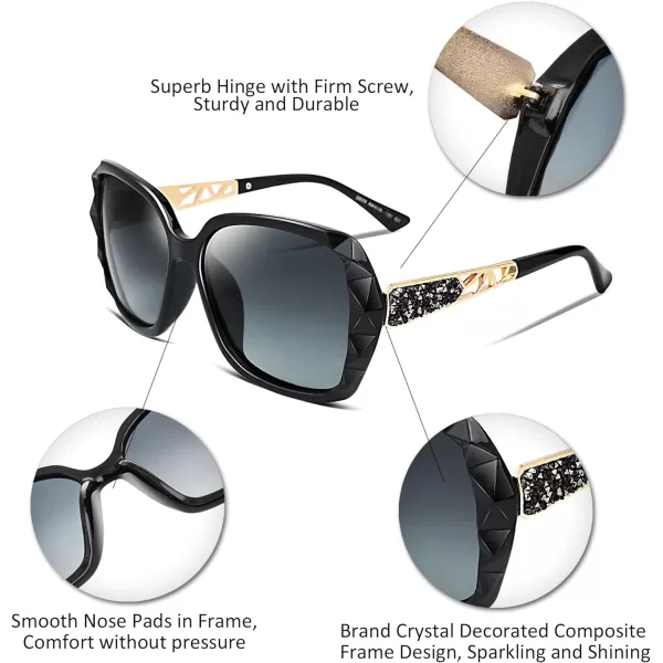 FEISEDY Polarized Women Square Sunglasses Sparkling Composite Shiny Frame B22892 BlackFade Smoke