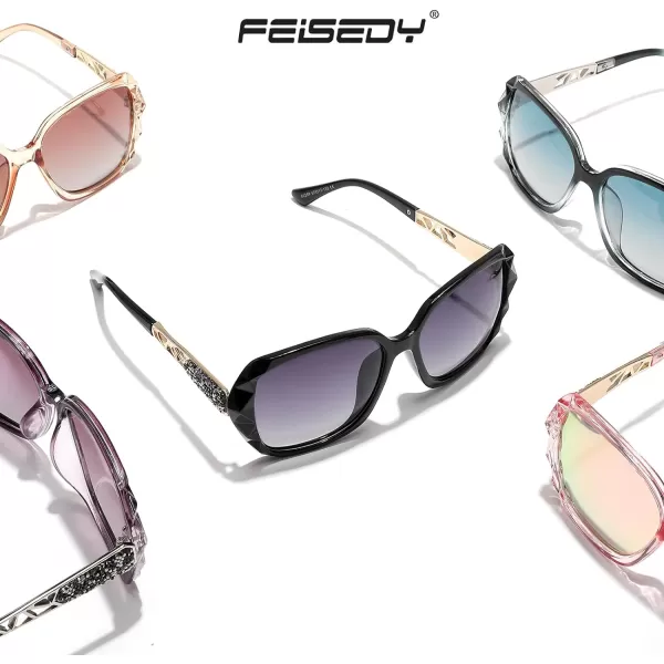 FEISEDY Polarized Women Square Sunglasses Sparkling Composite Shiny Frame B22892 BlackFade Smoke