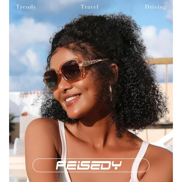 FEISEDY Polarized Women Square Sunglasses Sparkling Composite Shiny Frame B22893 Champagne