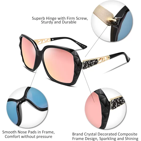 FEISEDY Polarized Women Square Sunglasses Sparkling Composite Shiny Frame B22894 BlackRose Gold Pink