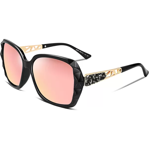FEISEDY Polarized Women Square Sunglasses Sparkling Composite Shiny Frame B22894 BlackRose Gold Pink