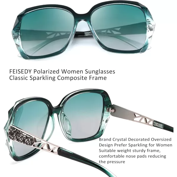 FEISEDY Polarized Women Square Sunglasses Sparkling Composite Shiny Frame B2289Emerald Green