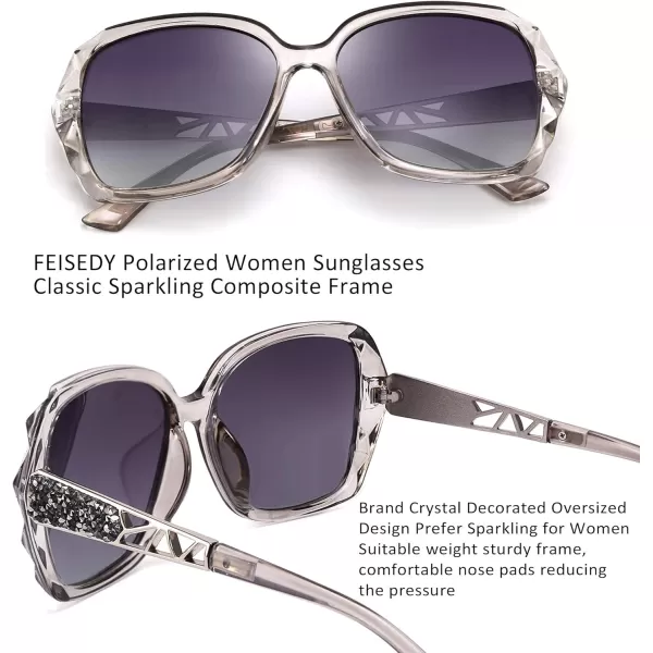 FEISEDY Polarized Women Square Sunglasses Sparkling Composite Shiny Frame B2289Gray