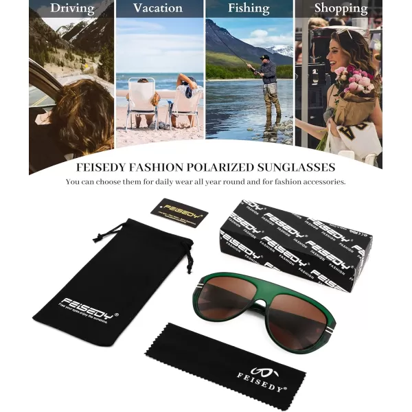 FEISEDY Retro Polarized Oversized Sunglasses for Men Women Trendy 70s Vintage Plastic Frame Sun Glasses B4150Green