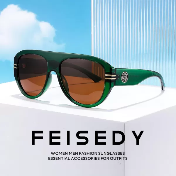 FEISEDY Retro Polarized Oversized Sunglasses for Men Women Trendy 70s Vintage Plastic Frame Sun Glasses B4150Green