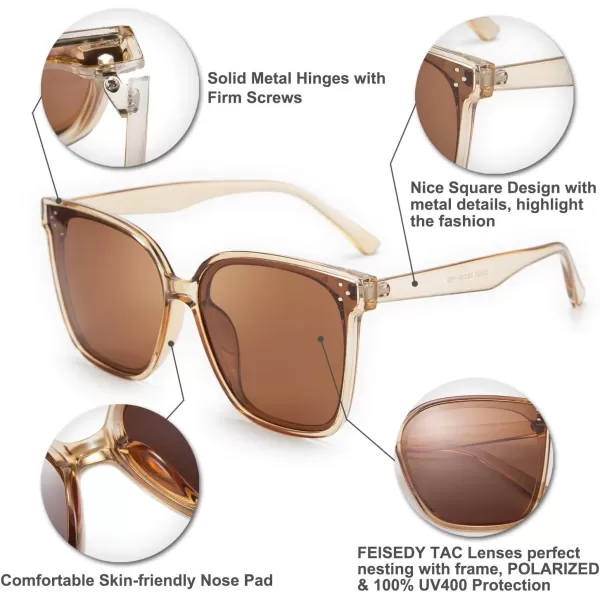 FEISEDY Retro Square Polarized Sunglasses Women Men Vintage Minimalist Shades B2600Champagne Crystal