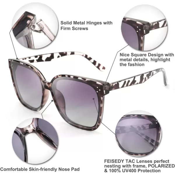 FEISEDY Retro Square Polarized Sunglasses Women Men Vintage Minimalist Shades B2600Clear Grey Leopard