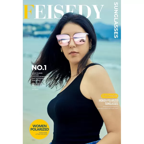 FEISEDY Retro Square Polarized Sunglasses Women Men Vintage Minimalist Shades B2600Clear Pink Frame Mirrored Pink Lenses