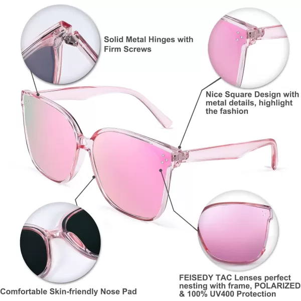 FEISEDY Retro Square Polarized Sunglasses Women Men Vintage Minimalist Shades B2600Clear Pink Frame Mirrored Pink Lenses