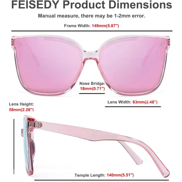 FEISEDY Retro Square Polarized Sunglasses Women Men Vintage Minimalist Shades B2600Clear Pink Frame Mirrored Pink Lenses