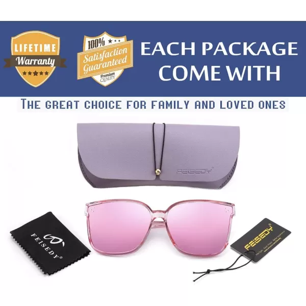 FEISEDY Retro Square Polarized Sunglasses Women Men Vintage Minimalist Shades B2600Clear Pink Frame Mirrored Pink Lenses