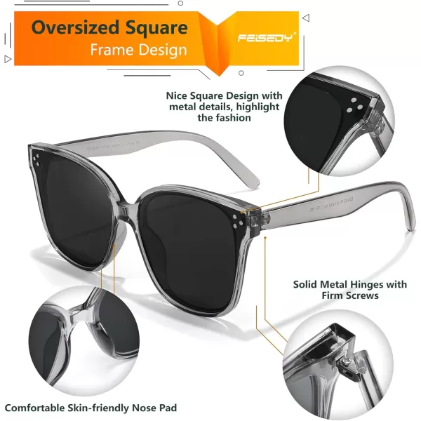 FEISEDY Retro Square Polarized Sunglasses Women Men Vintage Minimalist Shades B2600Gray Diamond