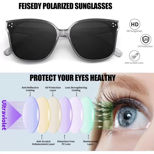 FEISEDY Retro Square Polarized Sunglasses Women Men Vintage Minimalist Shades B2600Gray Diamond