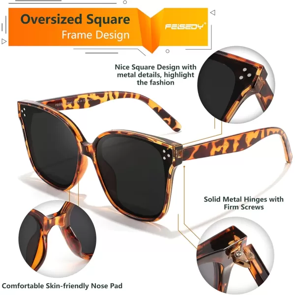 FEISEDY Retro Square Polarized Sunglasses Women Men Vintage Minimalist Shades B2600Leopard Frame Grey Lens