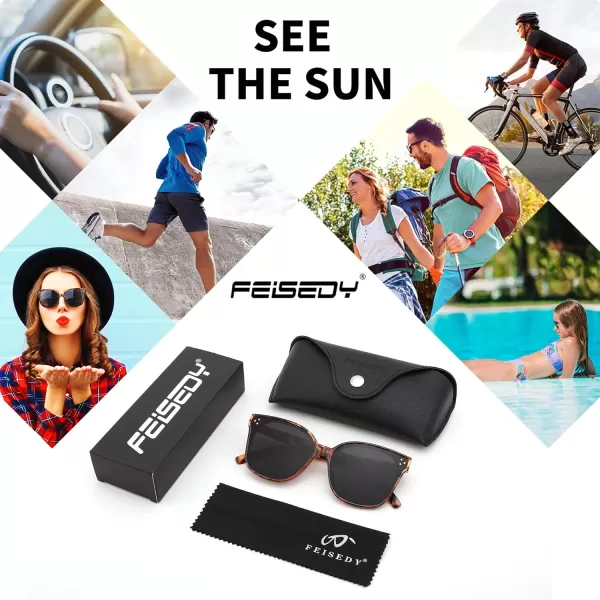 FEISEDY Retro Square Polarized Sunglasses Women Men Vintage Minimalist Shades B2600Leopard Frame Grey Lens
