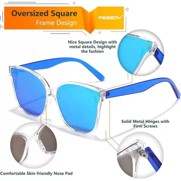 FEISEDY Retro Square Polarized Sunglasses Women Men Vintage Minimalist Shades B2600Transparentblue