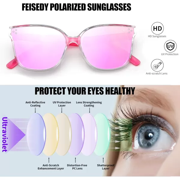 FEISEDY Retro Square Polarized Sunglasses Women Men Vintage Minimalist Shades B2600Transparentpink