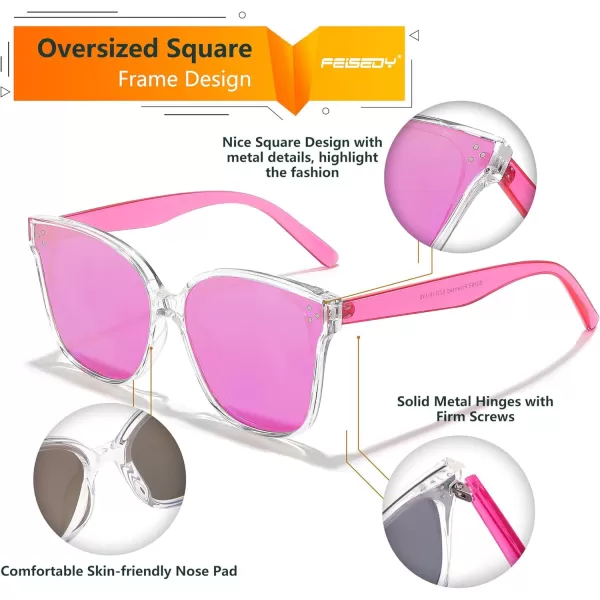 FEISEDY Retro Square Polarized Sunglasses Women Men Vintage Minimalist Shades B2600Transparentpink