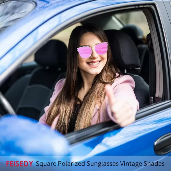 FEISEDY Retro Square Polarized Sunglasses Women Men Vintage Minimalist Shades B2600Transparentpink