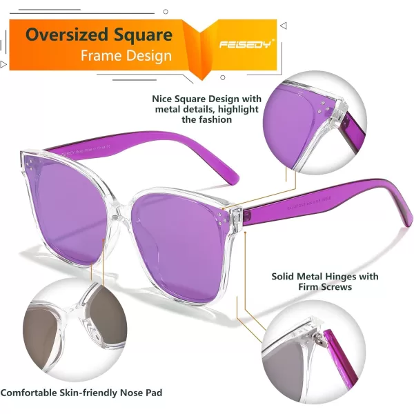 FEISEDY Retro Square Polarized Sunglasses Women Men Vintage Minimalist Shades B2600Transparentpurple