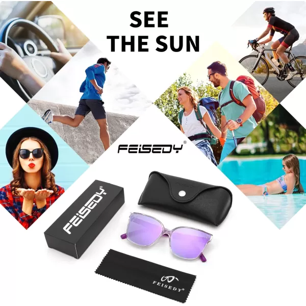 FEISEDY Retro Square Polarized Sunglasses Women Men Vintage Minimalist Shades B2600Transparentpurple
