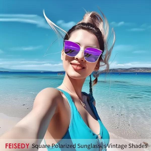FEISEDY Retro Square Polarized Sunglasses Women Men Vintage Minimalist Shades B2600Transparentpurple