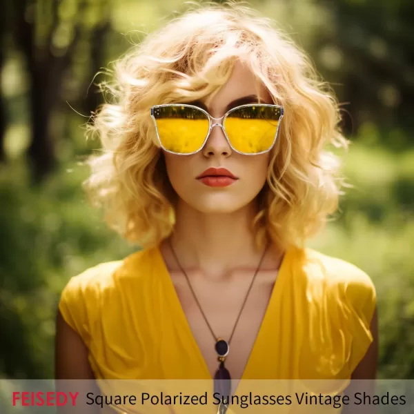 FEISEDY Retro Square Polarized Sunglasses Women Men Vintage Minimalist Shades B2600Transparentyellow