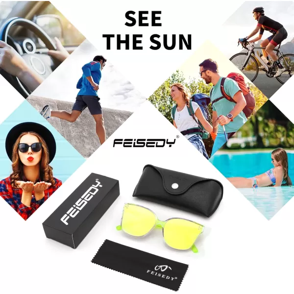 FEISEDY Retro Square Polarized Sunglasses Women Men Vintage Minimalist Shades B2600Transparentyellow