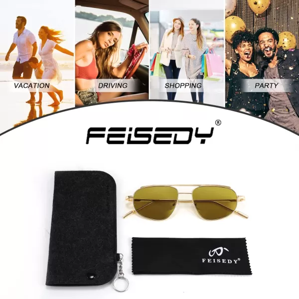 FEISEDY Retro Trendy Aviator Sunglasses Women Men 90s Small Vintage Glasses Stylish Gold Metal Oval Sunglasses B2906004 Gold FrameDark Green Lens