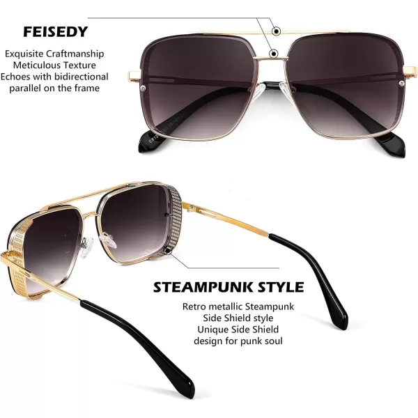 FEISEDY Sunglasses Mens Women Vintage Pilot Square Trendy Metal Steampunk Fishing Driving Sun Glasses B2894Gold Gradient Black