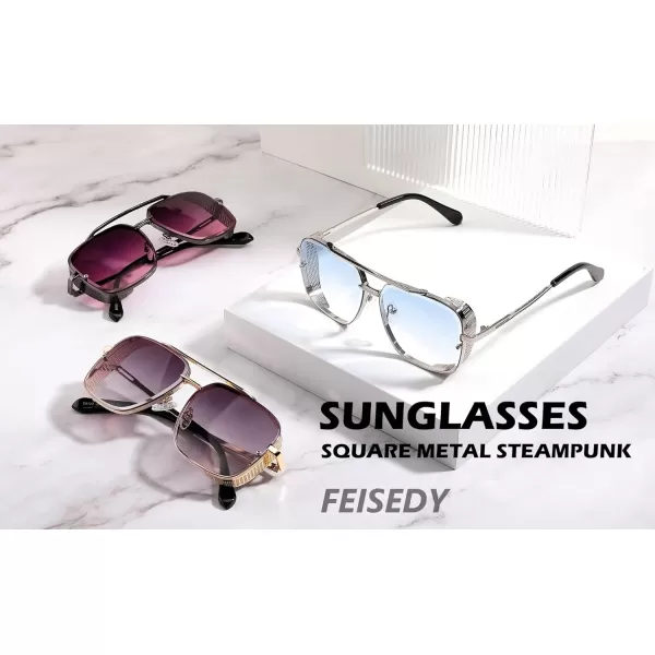 FEISEDY Sunglasses Mens Women Vintage Pilot Square Trendy Metal Steampunk Fishing Driving Sun Glasses B2894Gold Gradient Black