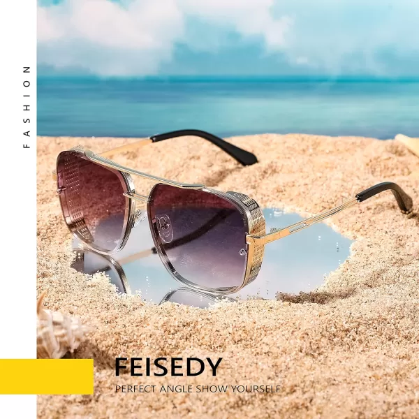 FEISEDY Sunglasses Mens Women Vintage Pilot Square Trendy Metal Steampunk Fishing Driving Sun Glasses B2894Gold Gradient Black