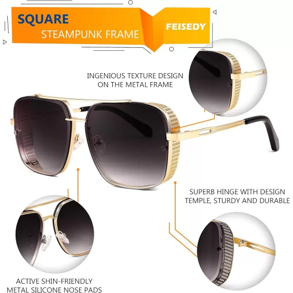 FEISEDY Sunglasses Mens Women Vintage Pilot Square Trendy Metal Steampunk Fishing Driving Sun Glasses B2894Gold Gradient Black
