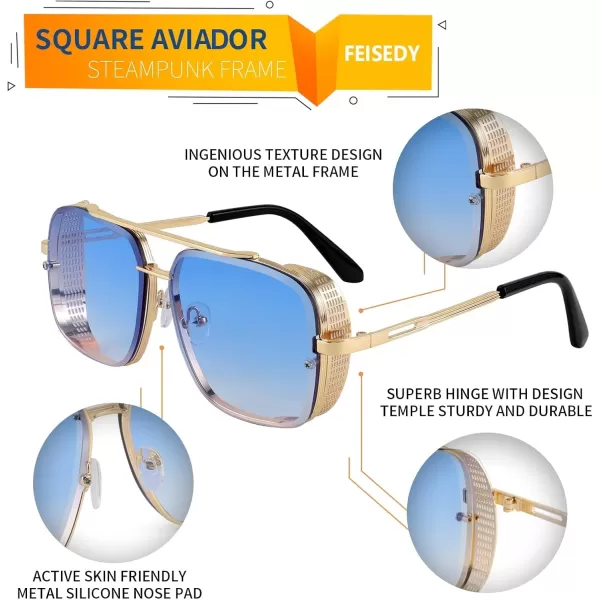 FEISEDY Sunglasses Mens Women Vintage Pilot Square Trendy Metal Steampunk Fishing Driving Sun Glasses B2894Gradient Blue