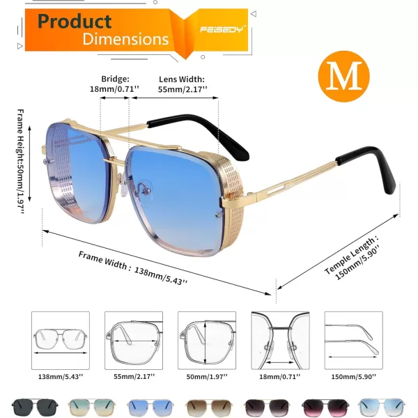 FEISEDY Sunglasses Mens Women Vintage Pilot Square Trendy Metal Steampunk Fishing Driving Sun Glasses B2894Gradient Blue