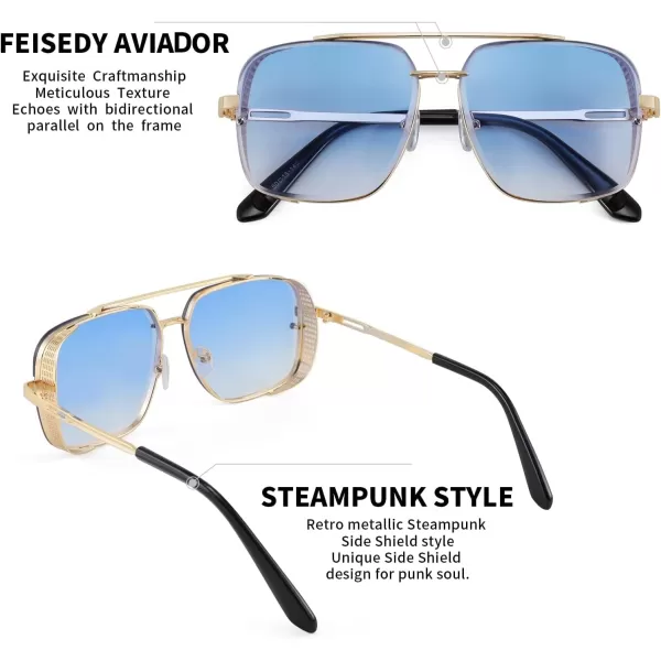FEISEDY Sunglasses Mens Women Vintage Pilot Square Trendy Metal Steampunk Fishing Driving Sun Glasses B2894Gradient Blue