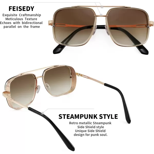 FEISEDY Sunglasses Mens Women Vintage Pilot Square Trendy Metal Steampunk Fishing Driving Sun Glasses B2894Gradient Brown