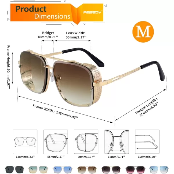FEISEDY Sunglasses Mens Women Vintage Pilot Square Trendy Metal Steampunk Fishing Driving Sun Glasses B2894Gradient Brown