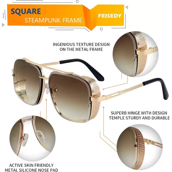 FEISEDY Sunglasses Mens Women Vintage Pilot Square Trendy Metal Steampunk Fishing Driving Sun Glasses B2894Gradient Brown