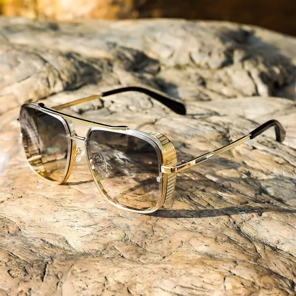 FEISEDY Sunglasses Mens Women Vintage Pilot Square Trendy Metal Steampunk Fishing Driving Sun Glasses B2894Gradient Brown