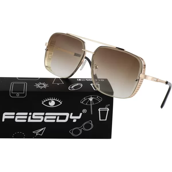 FEISEDY Sunglasses Mens Women Vintage Pilot Square Trendy Metal Steampunk Fishing Driving Sun Glasses B2894Gradient Brown