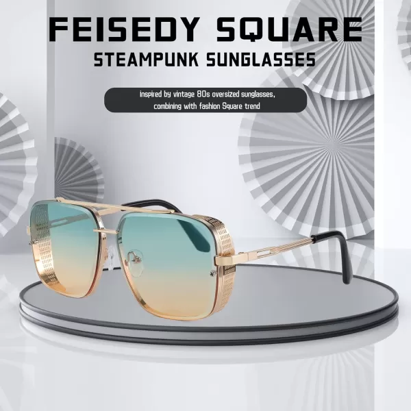 FEISEDY Sunglasses Mens Women Vintage Pilot Square Trendy Metal Steampunk Fishing Driving Sun Glasses B2894Gradient Green Pink