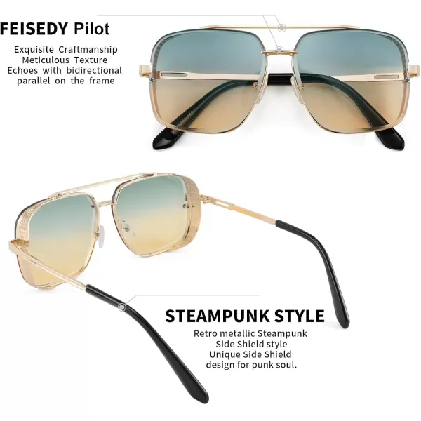FEISEDY Sunglasses Mens Women Vintage Pilot Square Trendy Metal Steampunk Fishing Driving Sun Glasses B2894Gradient Green Pink