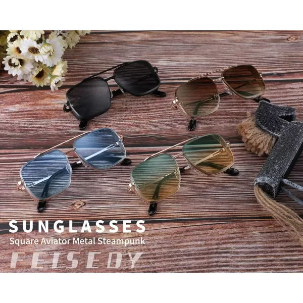 FEISEDY Sunglasses Mens Women Vintage Pilot Square Trendy Metal Steampunk Fishing Driving Sun Glasses B2894Gradient Green Pink