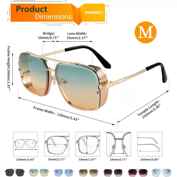 FEISEDY Sunglasses Mens Women Vintage Pilot Square Trendy Metal Steampunk Fishing Driving Sun Glasses B2894Gradient Green Pink